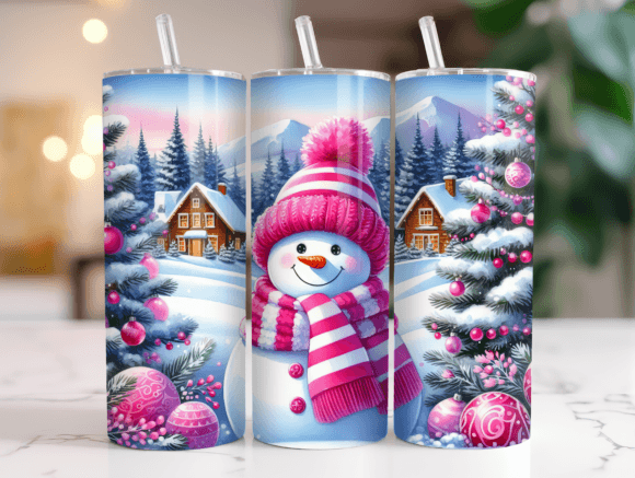 Pink Snowman Xmas 20oz Tumbler Wrap PNG