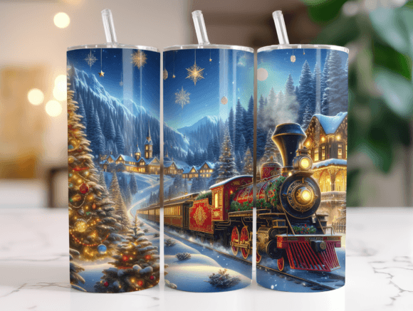 Vintage Christmas Train Tumbler Wrap PNG